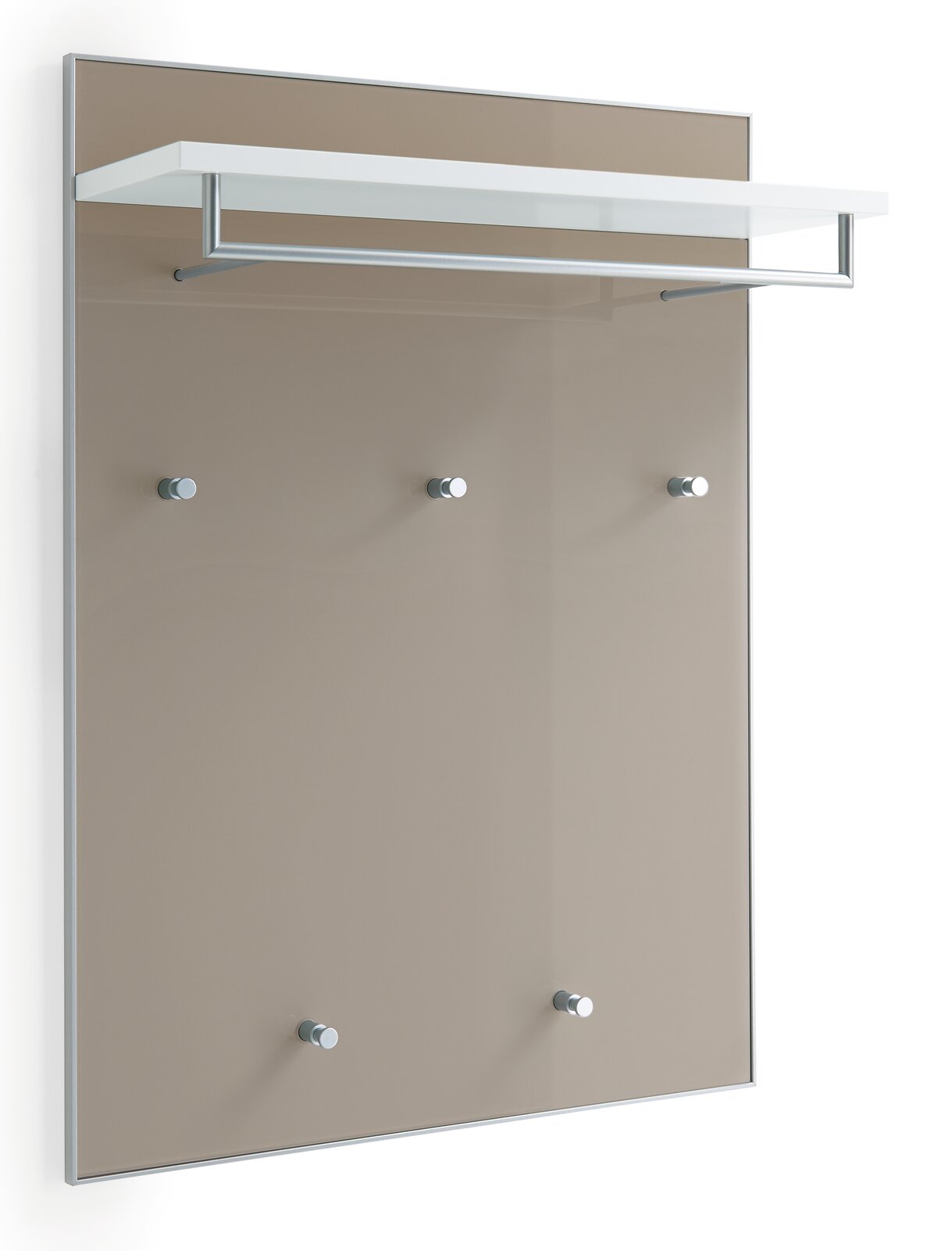 Garderobenpaneel mit fünf Haken und einem weißen Regalbrett, seitliche Perspektive