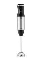 Frontansicht eines eleganten Stabmixers Kult-X aus Edelstahl mit schwarzem Griff.