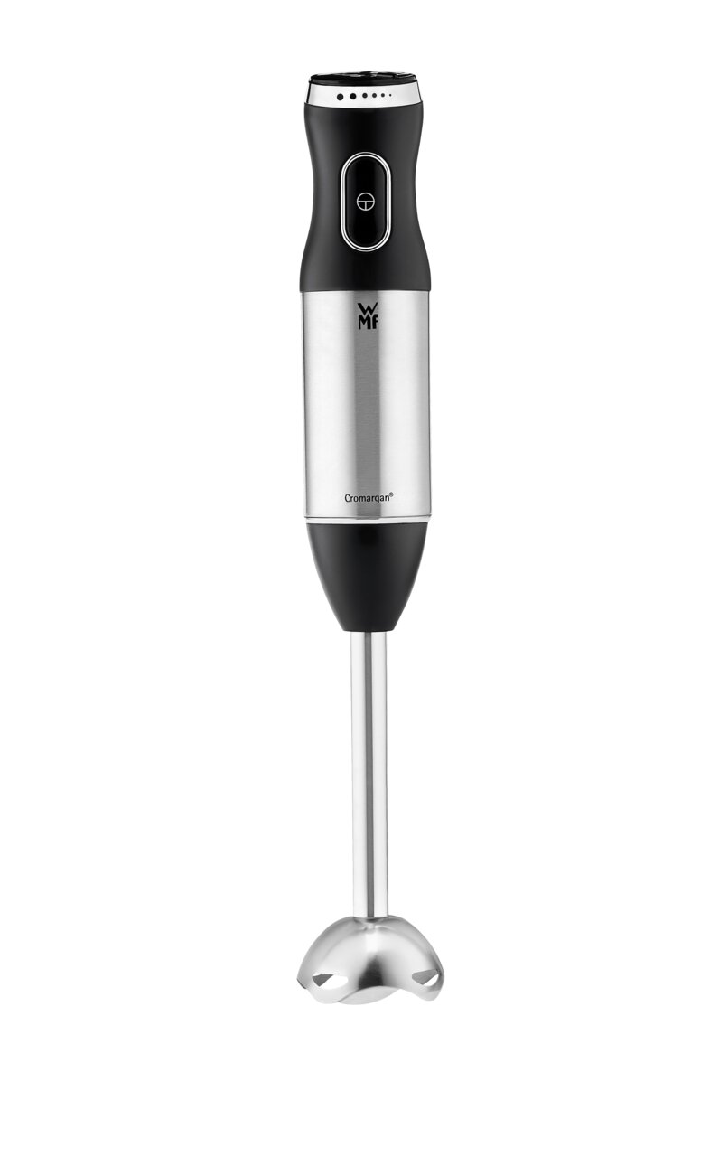 Frontansicht eines eleganten Stabmixers Kult-X aus Edelstahl mit schwarzem Griff.
