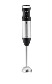 Frontansicht eines eleganten Stabmixers Kult-X aus Edelstahl mit schwarzem Griff.