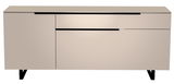 Modernes TV-Lowboard in Beige mit schwarzen Akzenten, frontale Ansicht