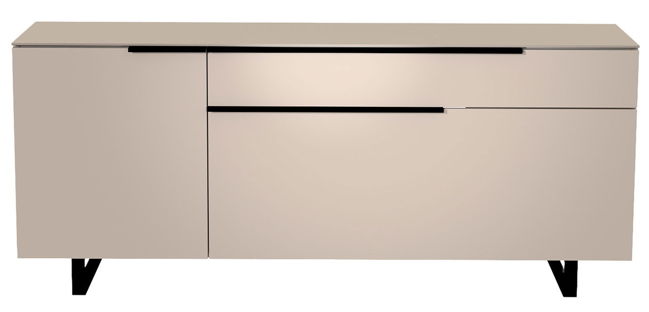 Modernes TV-Lowboard in Beige mit schwarzen Akzenten, frontale Ansicht