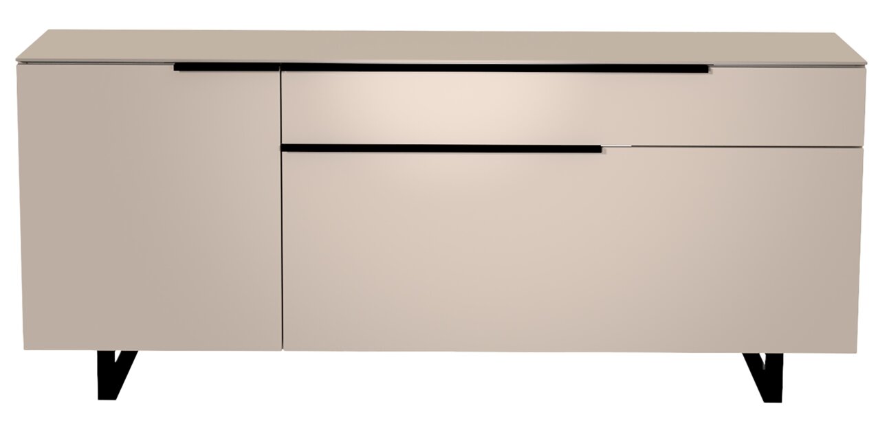Modernes TV-Lowboard in Beige mit schwarzen Akzenten, frontale Ansicht