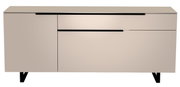 Modernes TV-Lowboard in Beige mit schwarzen Akzenten, frontale Ansicht