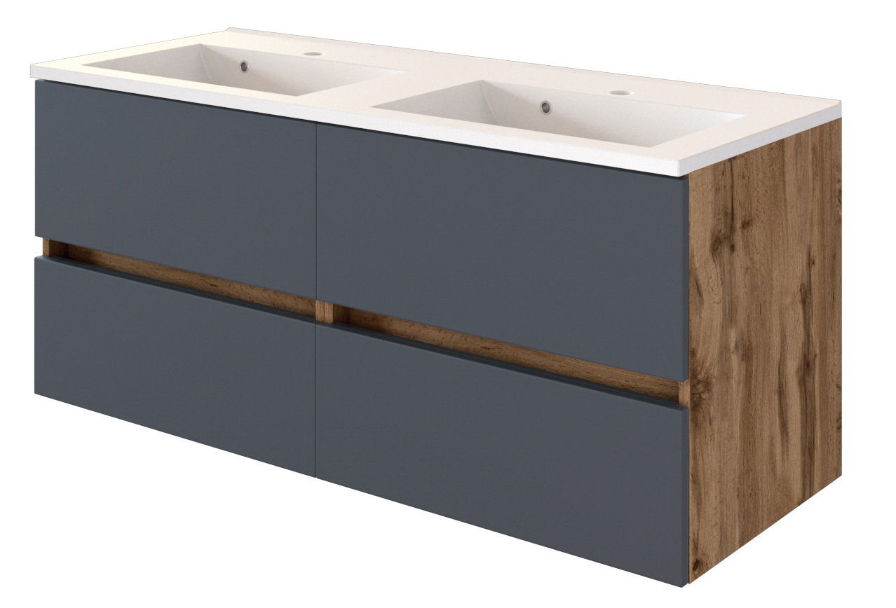 Moderner Waschplatz mit Doppelwaschbecken, grauen Fronten und Holzseitenansicht, perspektivisch von vorne rechts.