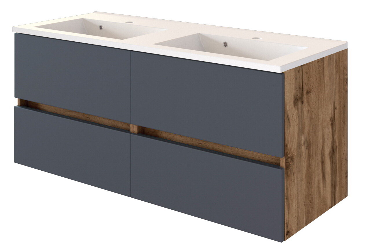 XORA Waschplatz LUCCA Moderner Waschplatz mit Doppelwaschbecken, grauen Fronten und Holzseitenansicht, perspektivisch von vorne rechts.