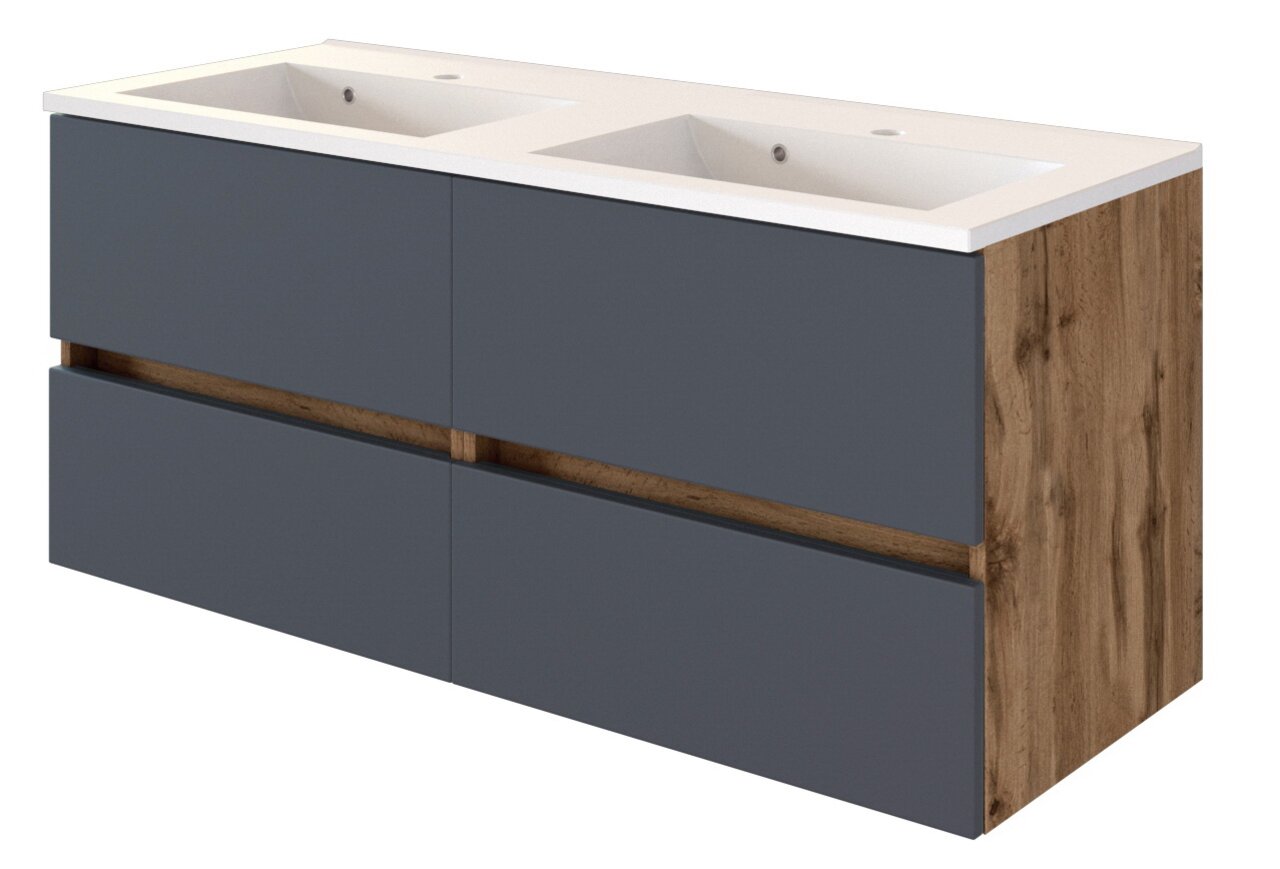 XORA Waschplatz LUCCA Moderner Waschplatz mit Doppelwaschbecken, grauen Fronten und Holzseitenansicht, perspektivisch von vorne rechts.