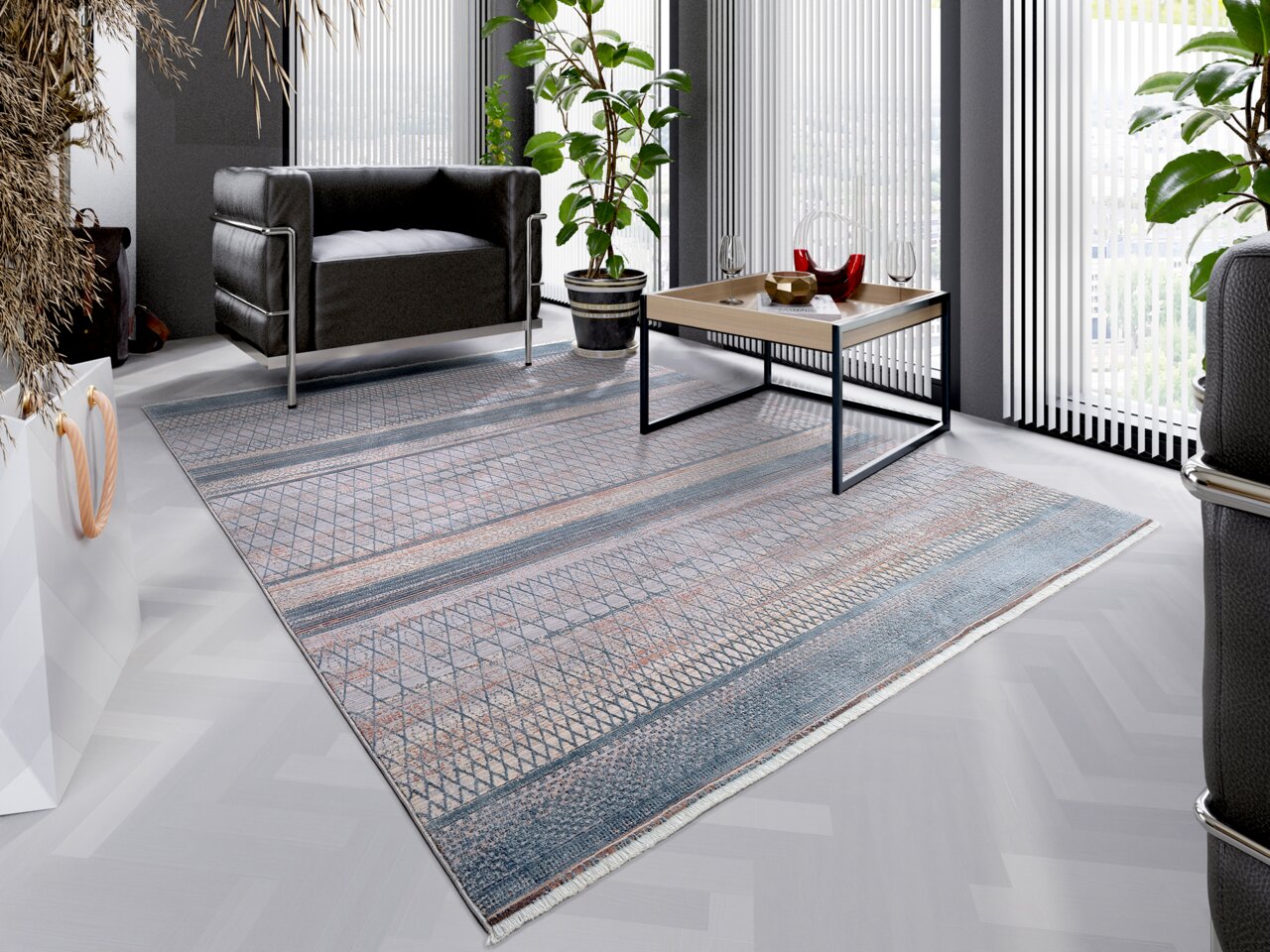 Moderner Designer-Teppich in einem stilvollen Wohnzimmer mit Blick auf den Teppich aus der Vogelperspektive, umgeben von einem schwarzen Sessel, einem Couchtisch und Pflanzen.