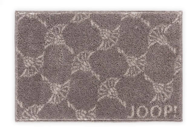 Grauer Badteppich mit floralem Muster und Markenlogo, Draufsicht