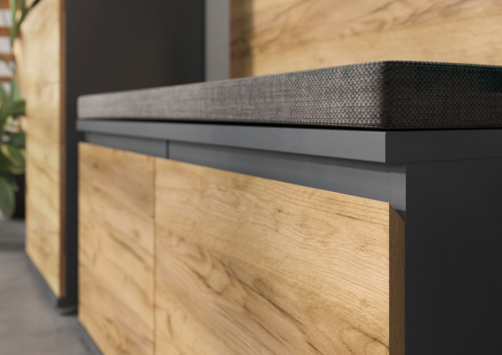 Nahaufnahme einer modernen Schuhbank mit Holzverkleidung und gepolstertem Sitzkissen, seitliche Perspektive.