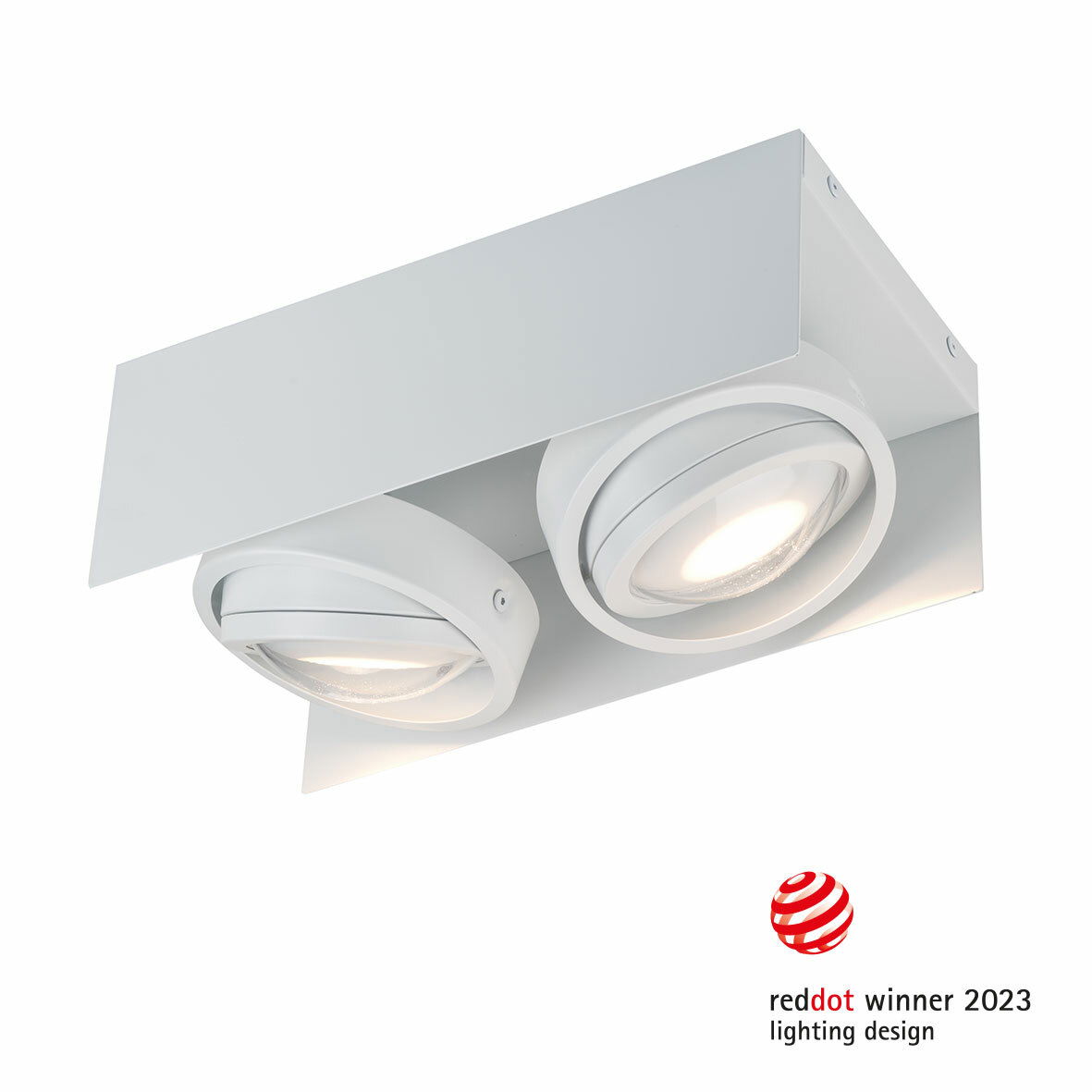 LED Aufbauleuchte mit zwei runden Leuchtelementen, seitliche Perspektive, ausgezeichnet mit dem Red Dot Design Award 2023