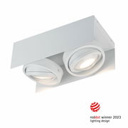 LED Aufbauleuchte mit zwei runden Leuchtelementen, seitliche Perspektive, ausgezeichnet mit dem Red Dot Design Award 2023