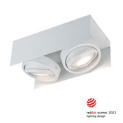 LED Aufbauleuchte mit zwei runden Leuchtelementen, seitliche Perspektive, ausgezeichnet mit dem Red Dot Design Award 2023