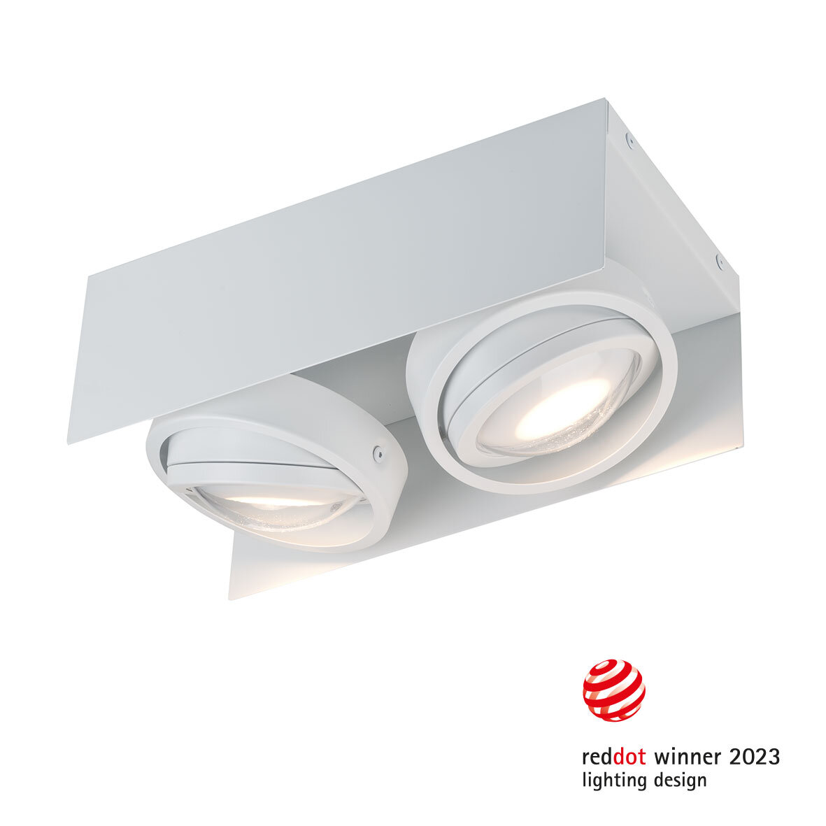 LED Aufbauleuchte mit zwei runden Leuchtelementen, seitliche Perspektive, ausgezeichnet mit dem Red Dot Design Award 2023