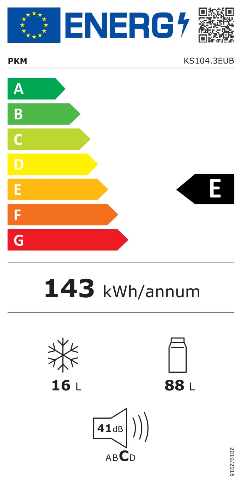 Frontalansicht des EU-Energielabels für PKM KS104.3EUB: Energieeffizienzklasse E, 143 kWh/annum, 16 L Gefrierfach, 88 L Kühlteil, Geräusch 41 dB (Klasse C)