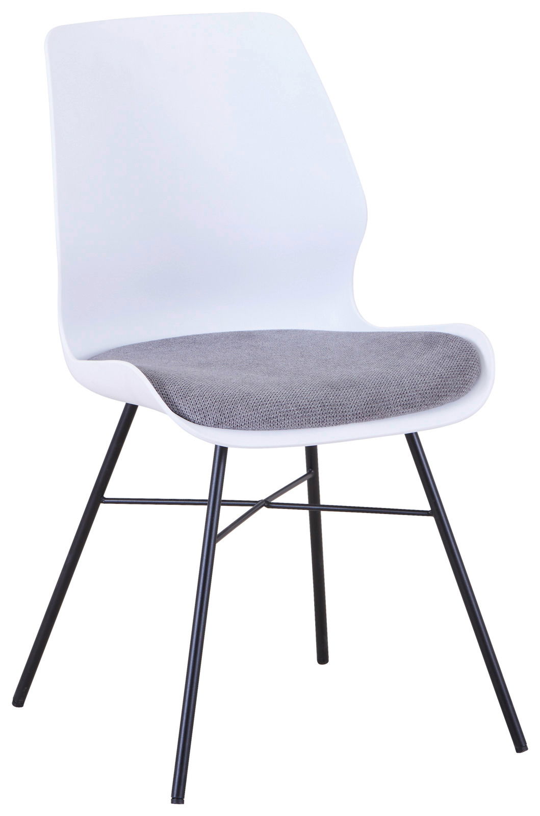 Moderner Stuhl mit weißer Rückenlehne, grauer Sitzfläche und schwarzen Metallbeinen, seitliche Perspektive