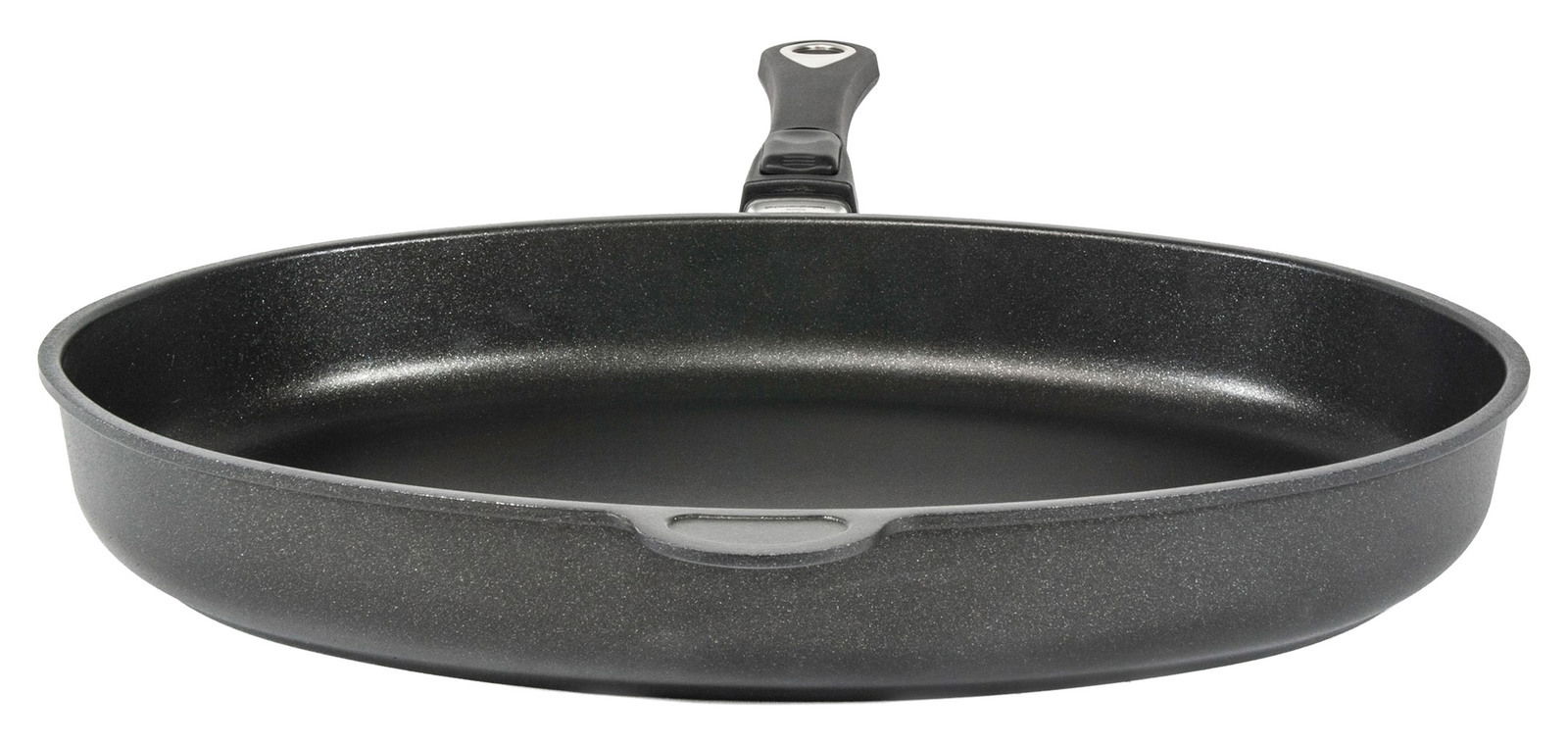 Schwarze Fischpfanne 41 x 27 cm mit Griff, Ansicht von vorne
