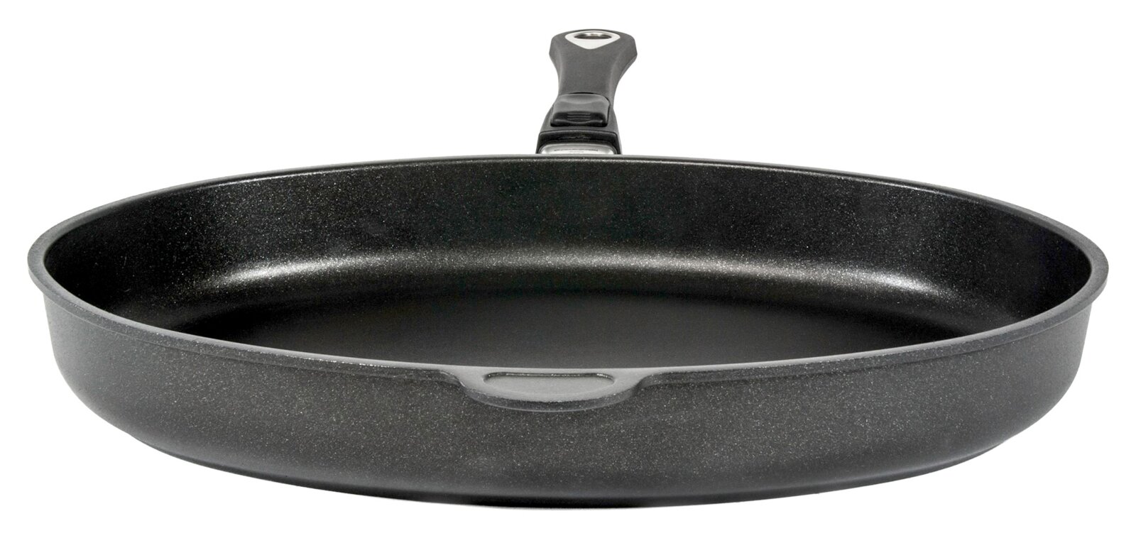 Schwarze Fischpfanne 41 x 27 cm mit Griff, Ansicht von vorne