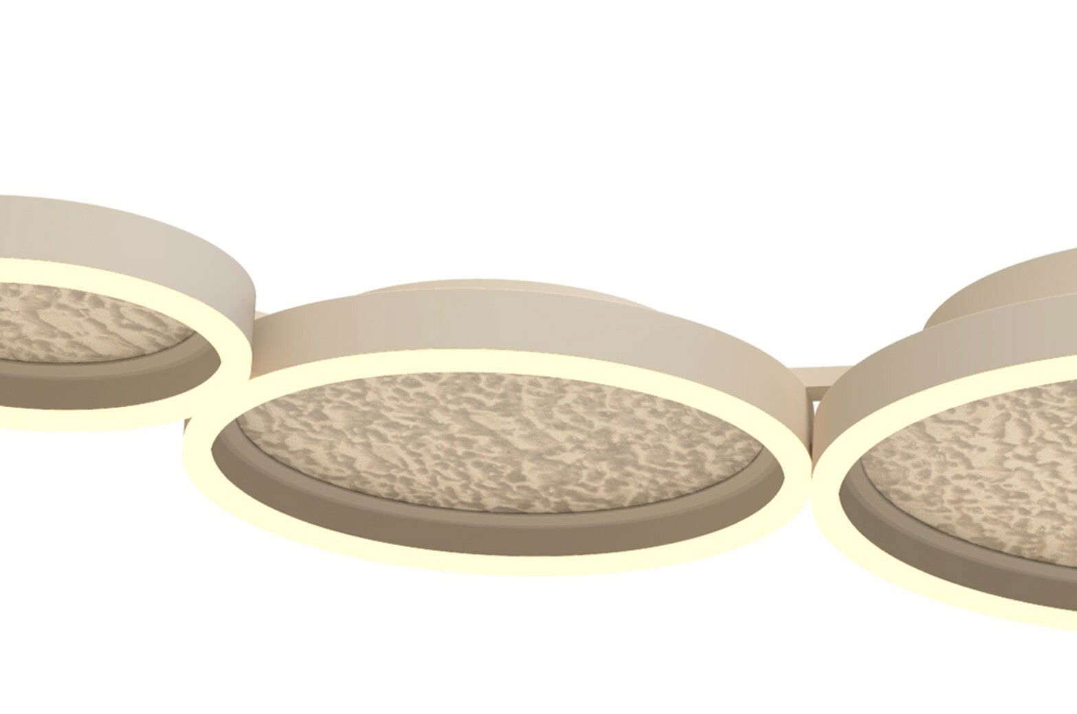 Nahaufnahme einer modernen LED-Deckenleuchte mit runden, leuchtenden Elementen und strukturierter Oberfläche, seitliche Perspektive.