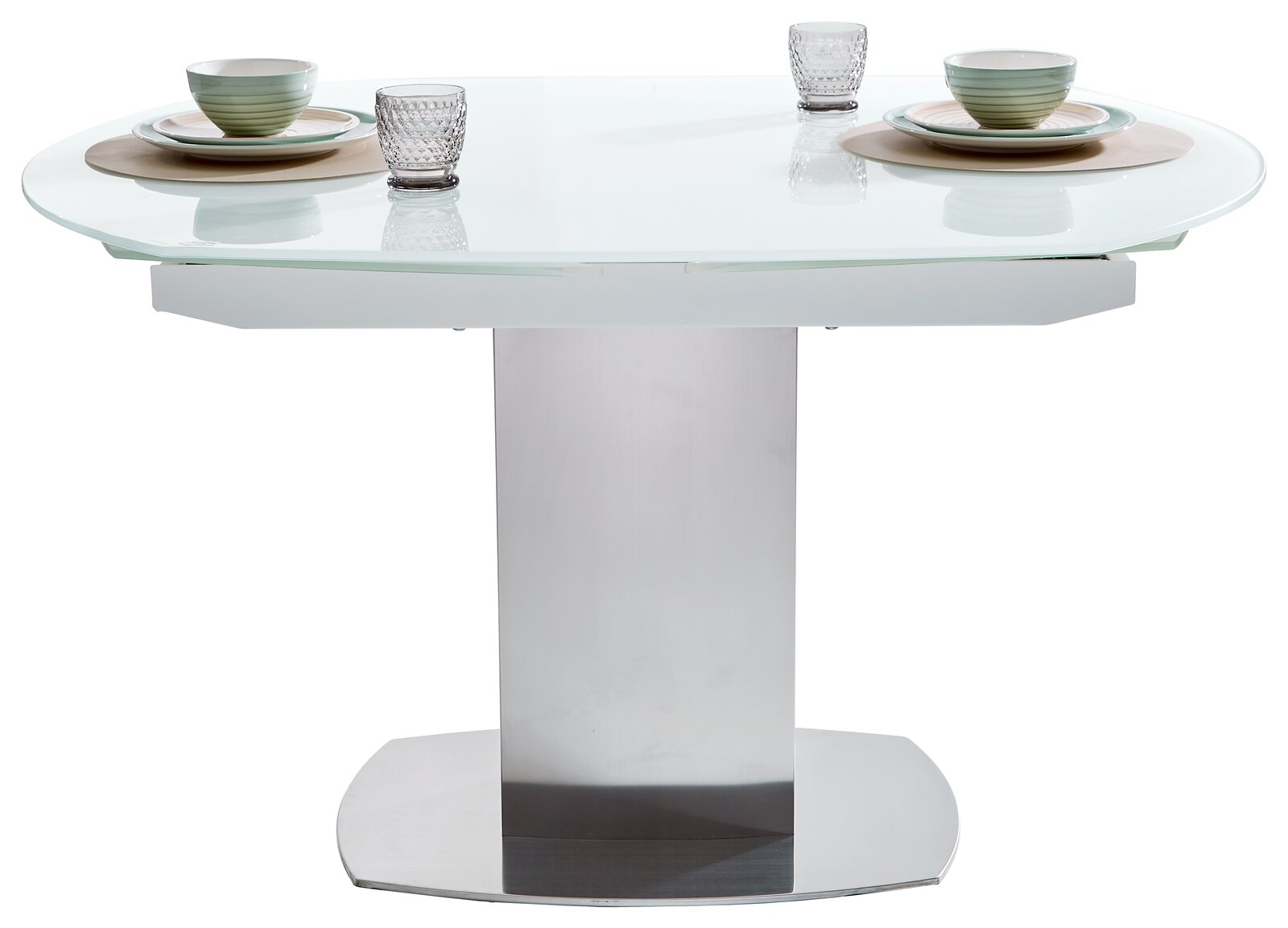 Moderner Esstisch mit Glasplatte und Metallfuß, seitliche Perspektive