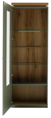 Geöffnete Vitrine mit Glastüren und Holzböden, frontal betrachtet.