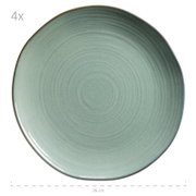 Runder Keramikteller in hellblau-grüner Glasur mit braunem Rand, ca. 26 cm Durchmesser, Draufsicht von oben