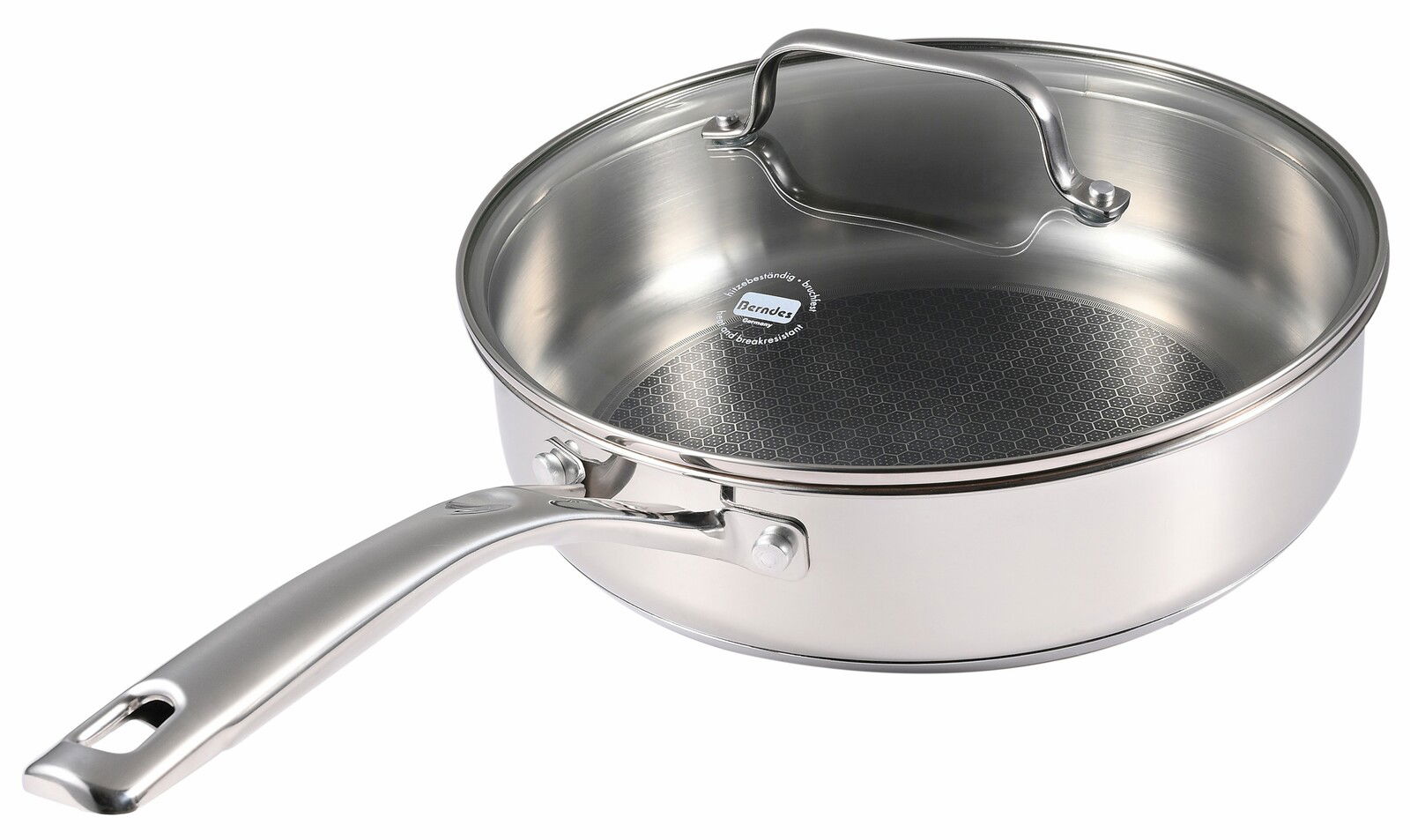 Edelstahl-Schmorpfanne mit Deckel und langem Griff, seitliche Perspektive