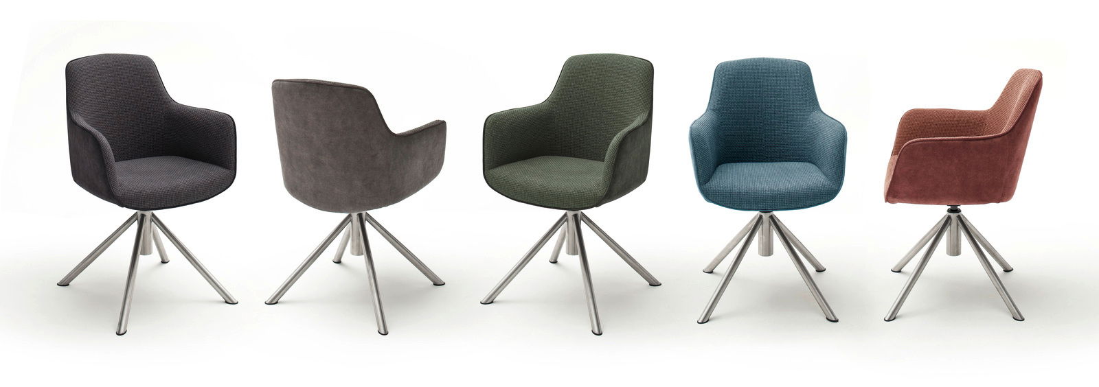 Fünf moderne Sessel der Serie RIALTO in verschiedenen Farben, mit drehbaren Metallbeinen, aus verschiedenen Perspektiven fotografiert.