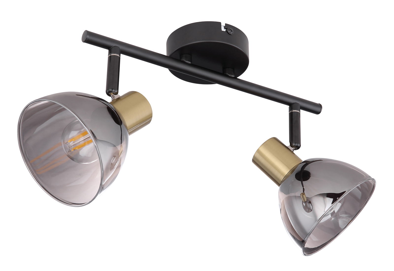 Zweiflammiger Strahler aus schwarzem Metall mit goldenen Akzenten, seitliche Perspektive