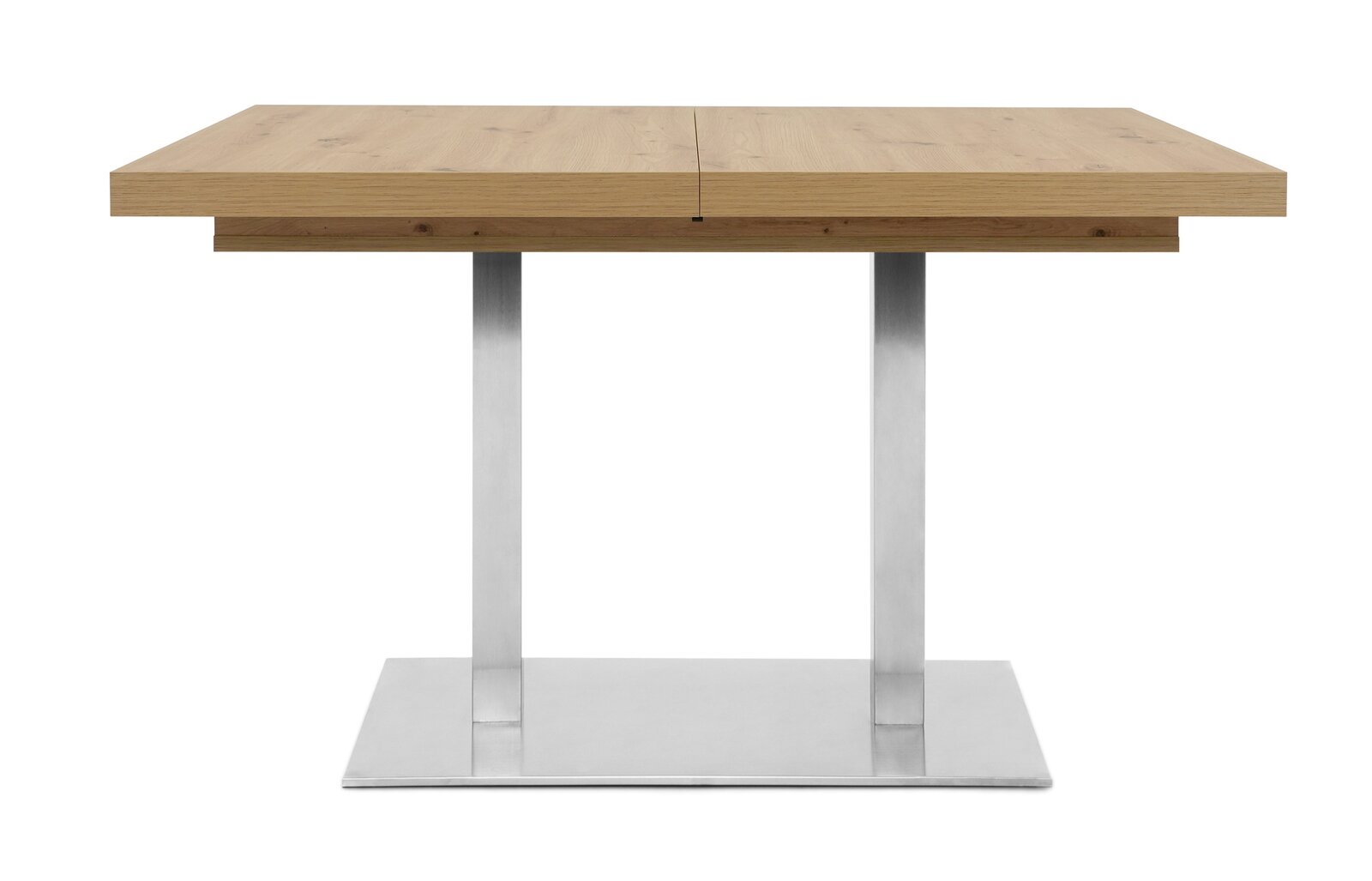 Moderner Esstisch mit Holzplatte und Metallgestell, frontale Ansicht