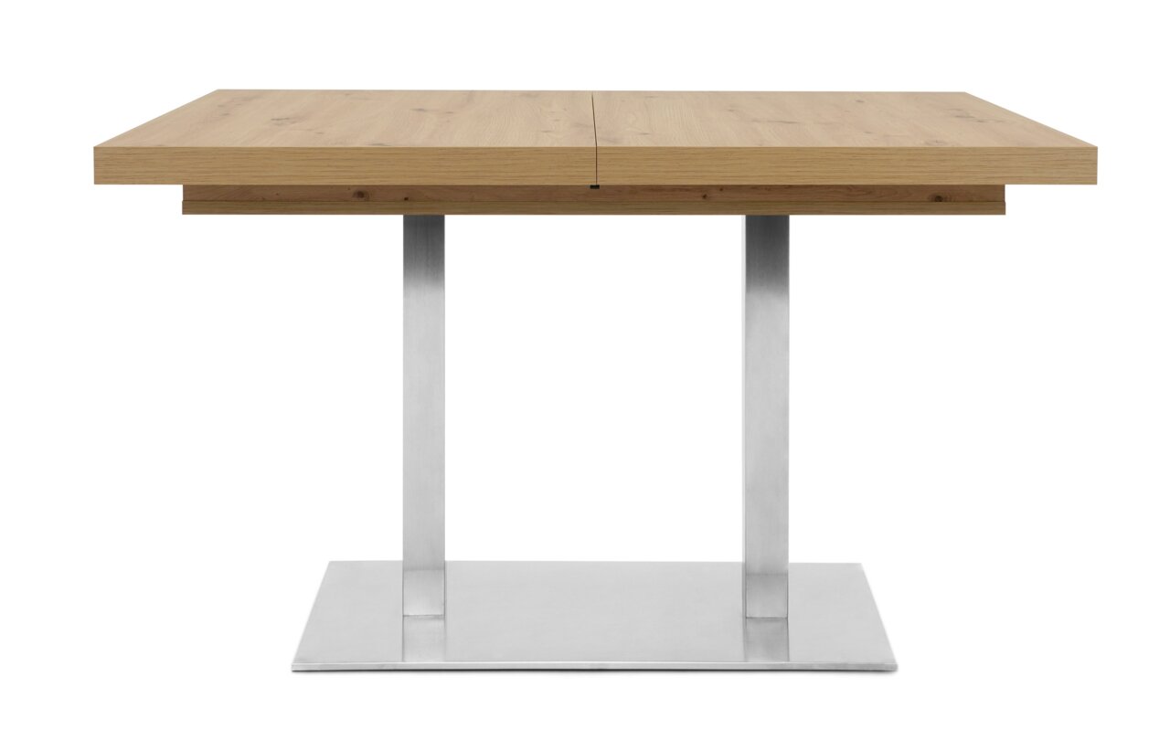 Moderne eettafel met houten blad en metalen onderstel, vooraanzicht