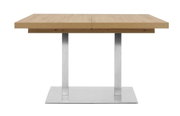 Moderne eettafel met houten blad en metalen onderstel, vooraanzicht