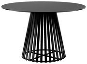 Runder Esstisch mit schwarzer, glatter Tischplatte und modernem, konischen Metallgestell. Perspektive: Frontalansicht.