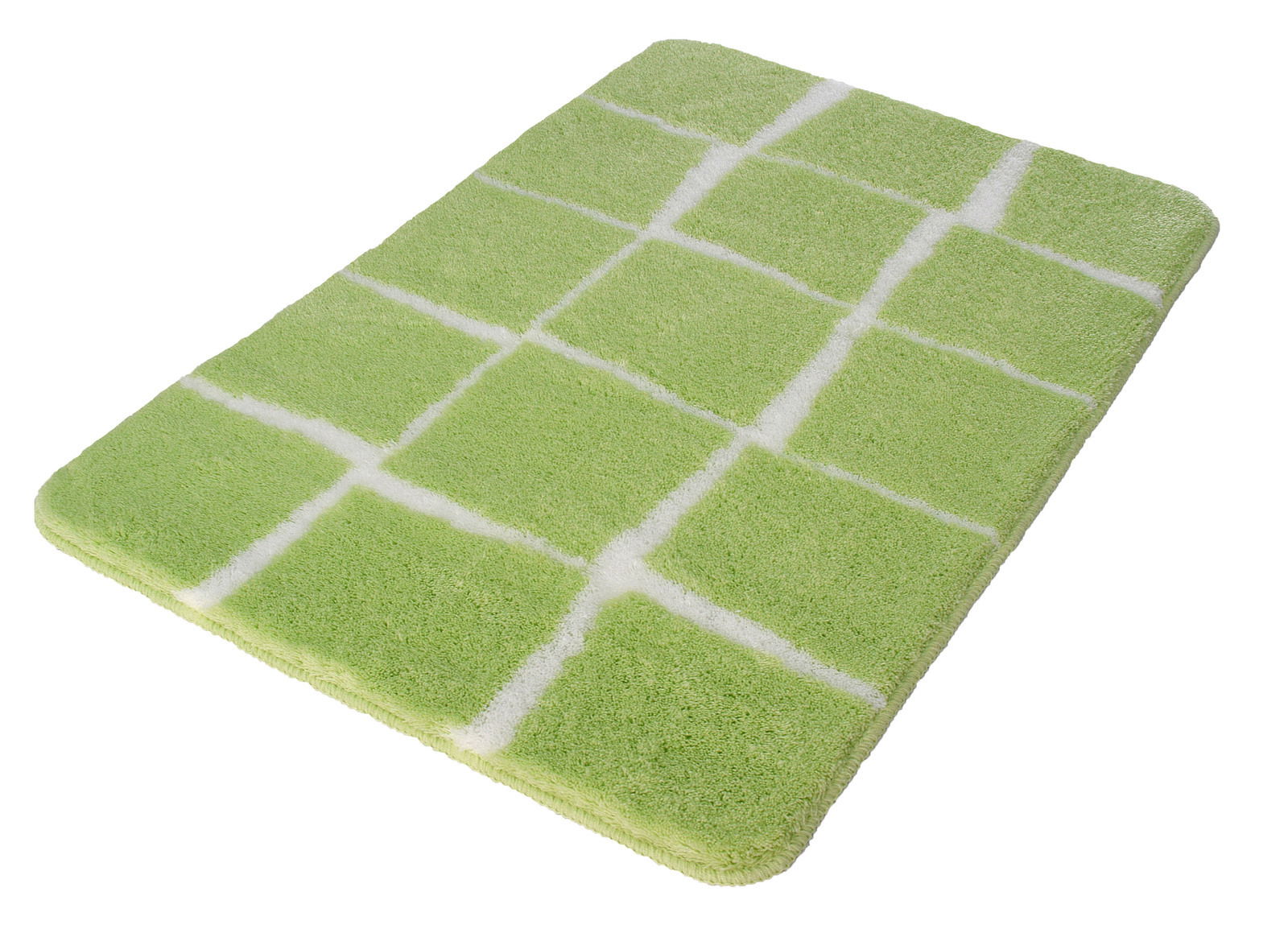 Grüner Badteppich mit weißem Karomuster, perspektivisch von schräg oben fotografiert.