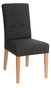 Moderner Stuhl mit dunklem Stoffbezug und hellen Holzbeinen, seitliche Perspektive