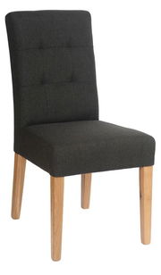 Moderner Stuhl mit dunklem Stoffbezug und hellen Holzbeinen, seitliche Perspektive