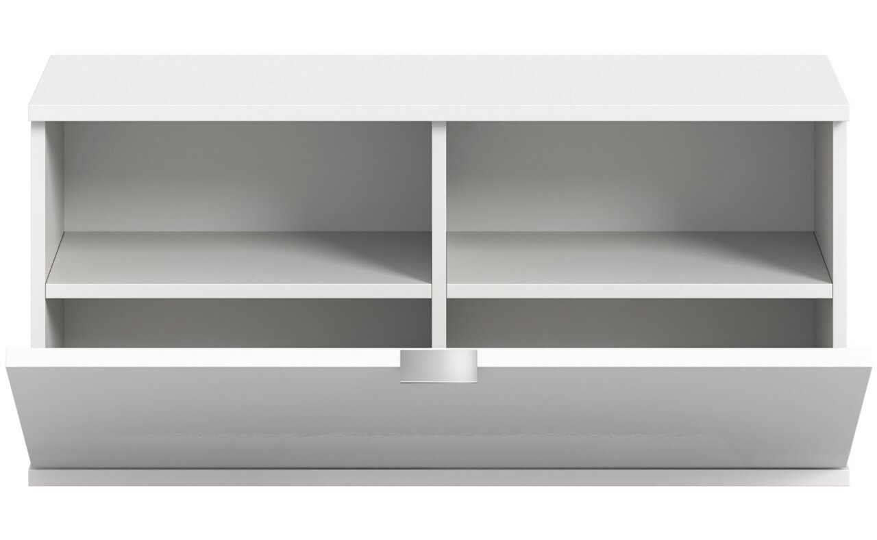 Weiße Sitzbank oder Kommode mit offenen Fächern und einer heruntergeklappten Tür, Frontalansicht