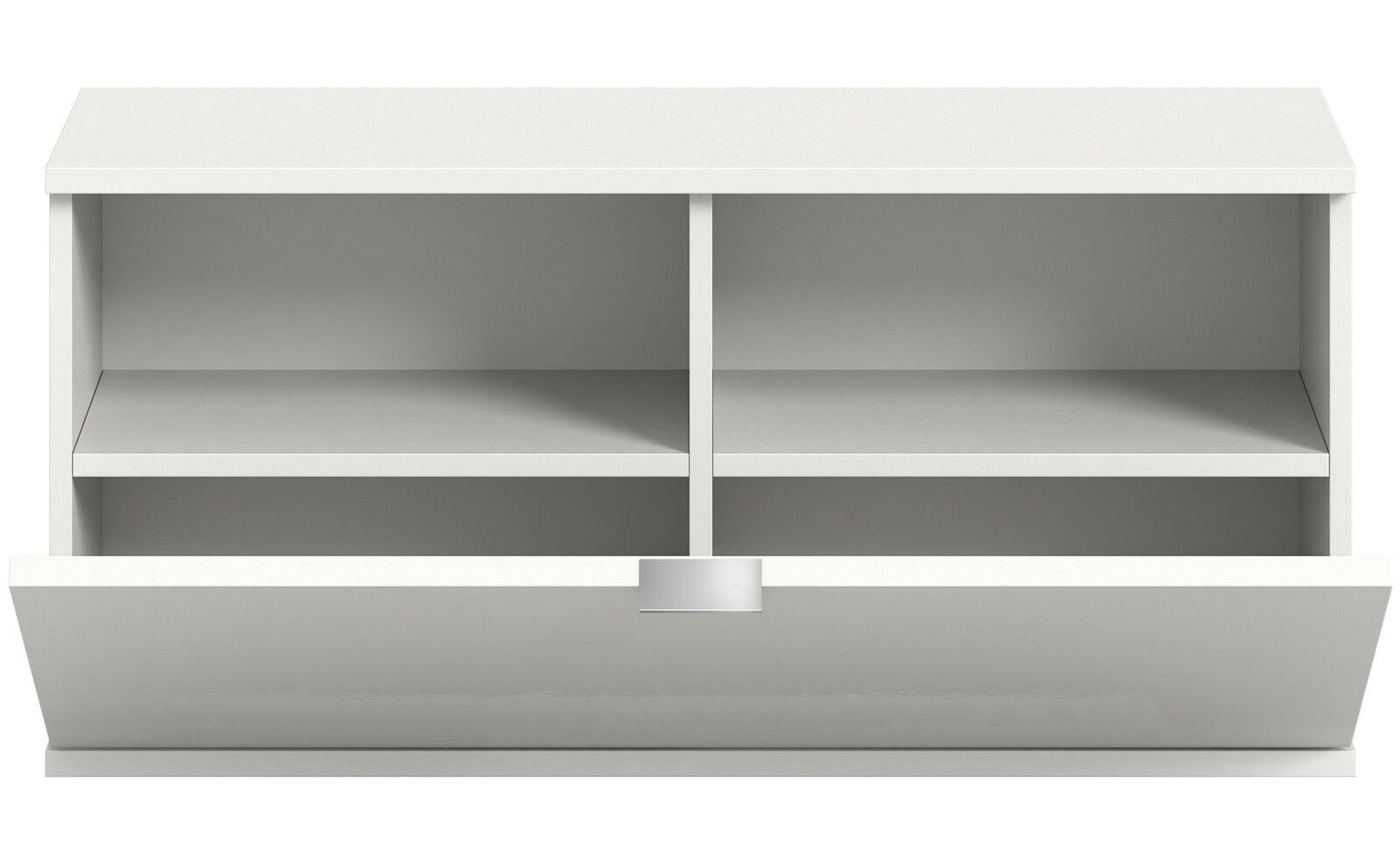 Weiße Sitzbank oder Kommode mit offenen Fächern und einer heruntergeklappten Tür, Frontalansicht