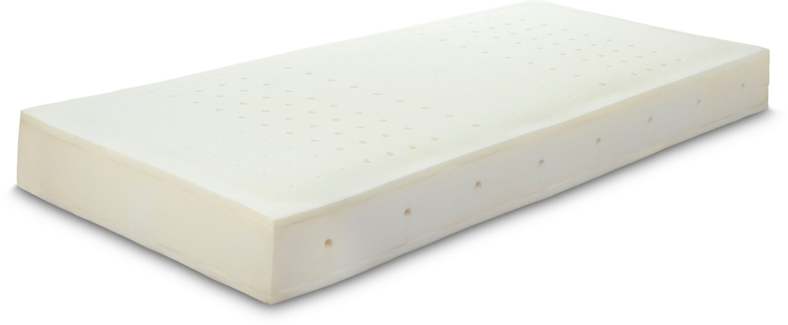 Max Berger Taschenfederkernmatratze medium OPAL TFK 300 Weiße, perforierte Latex- oder Schaumstoffmatratze ohne Bezug, in schräger Seitenansicht (3/4-Perspektive) auf weißem Hintergrund