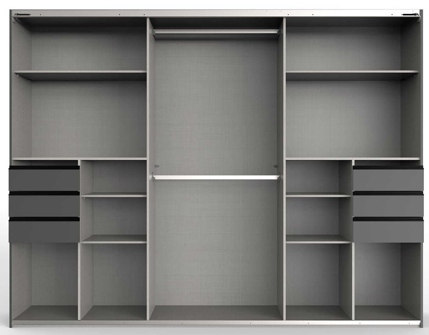 Innenansicht eines dreitürigen Schwebetürenschranks mit mehreren Regalböden, Schubladen und einer Kleiderstange, frontal betrachtet.