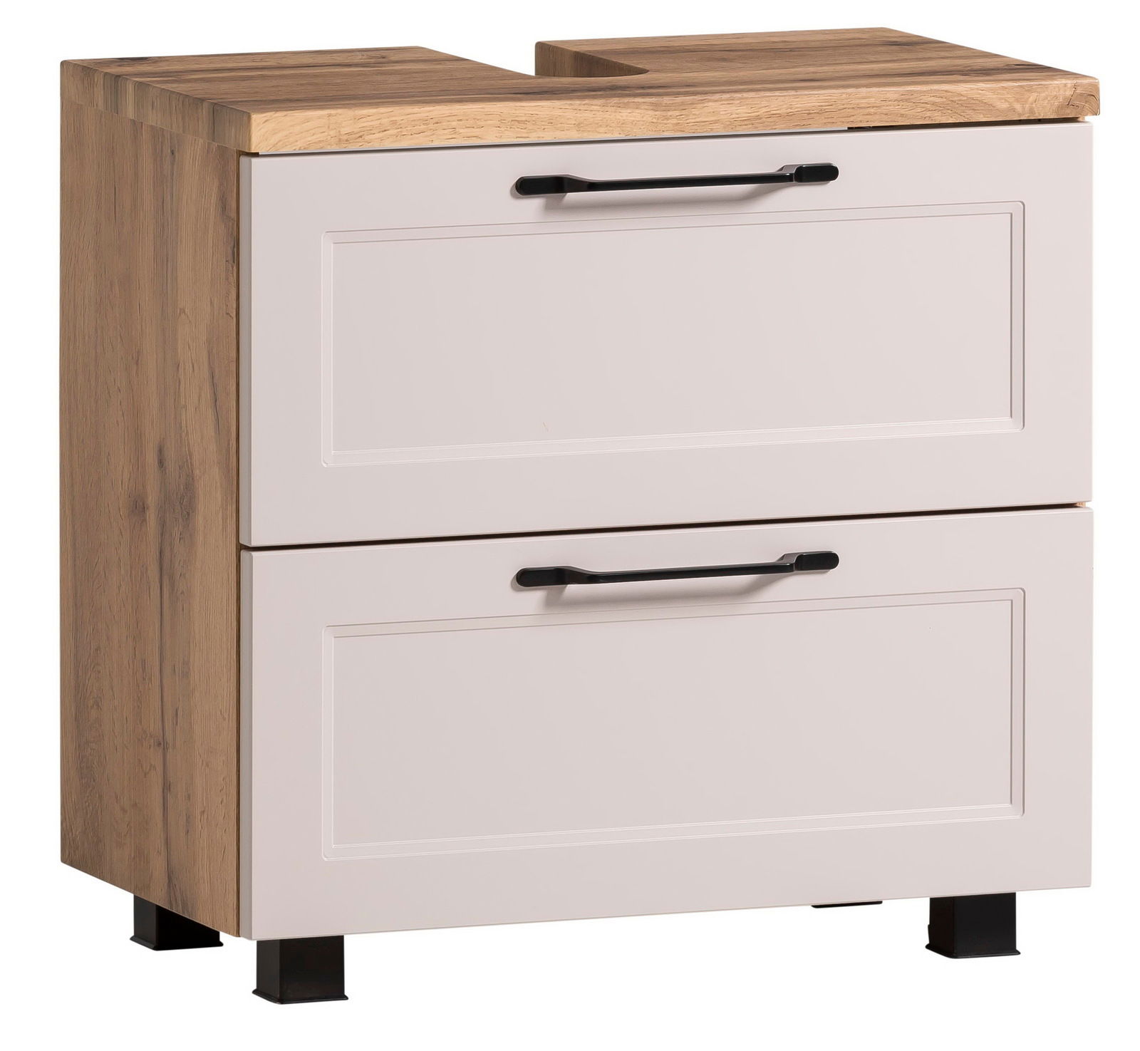 XORA Waschbeckenunterschrank MERAN Waschbeckenunterschrank aus Holz mit zwei Schubladen und schwarzen Griffen, seitliche Perspektive