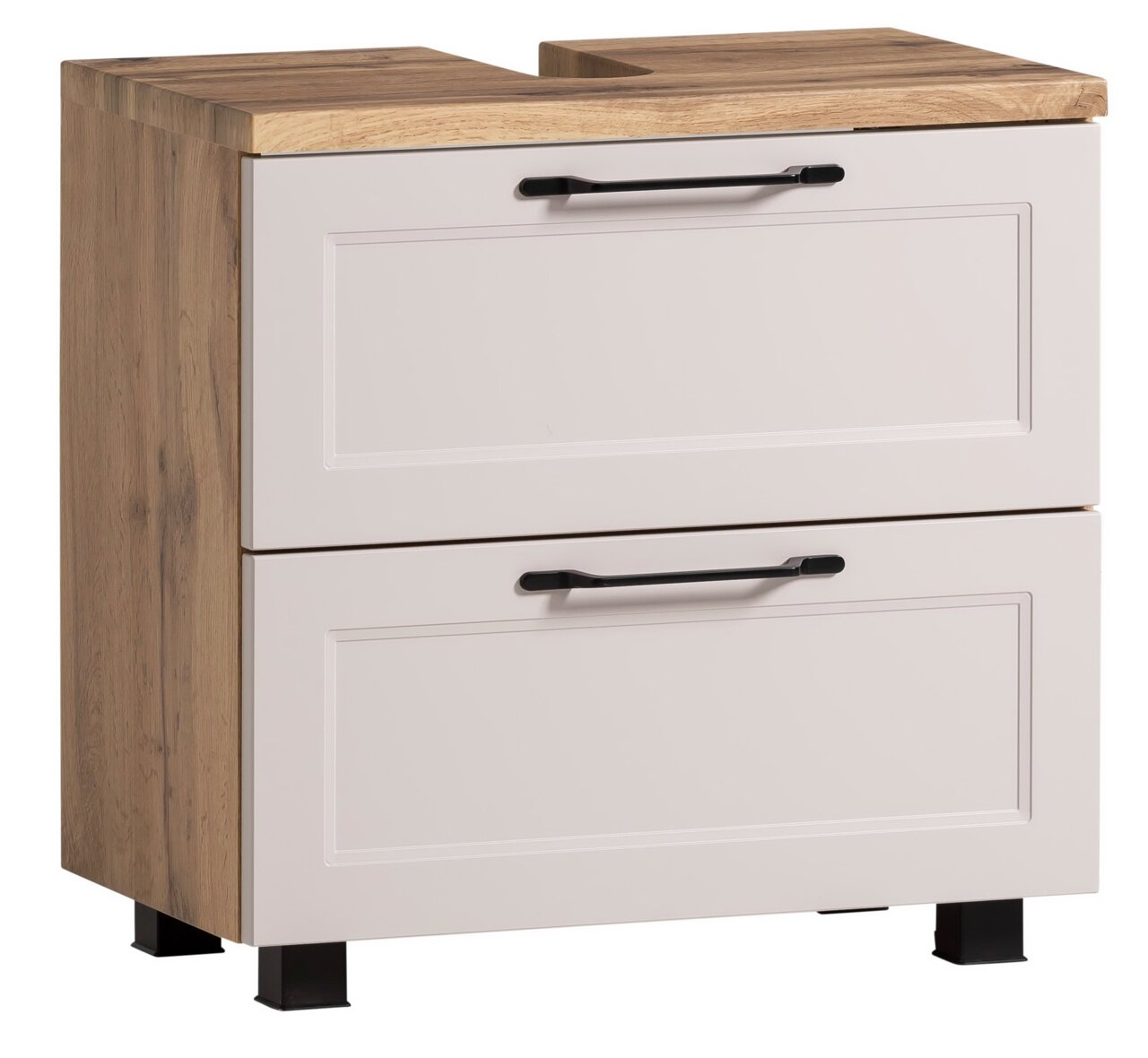 XORA Waschbeckenunterschrank MERAN Waschbeckenunterschrank aus Holz mit zwei Schubladen und schwarzen Griffen, seitliche Perspektive