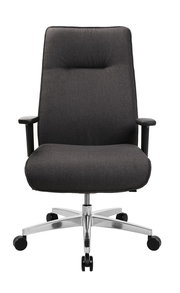 Frontansicht eines XL-Drehstuhls mit schwarzem Stoffbezug und verstellbaren Armlehnen auf einem verchromten Fußkreuz mit Rollen.