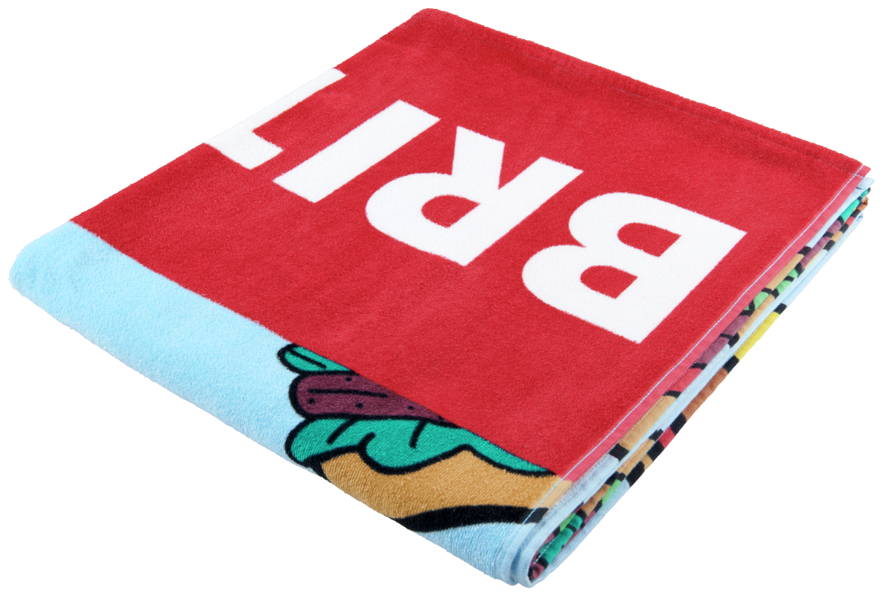 Gefaltetes Britto Velourstuch mit rotem und buntem Design, teilweise sichtbarem Hotdog-Motiv, aus seitlicher Perspektive.