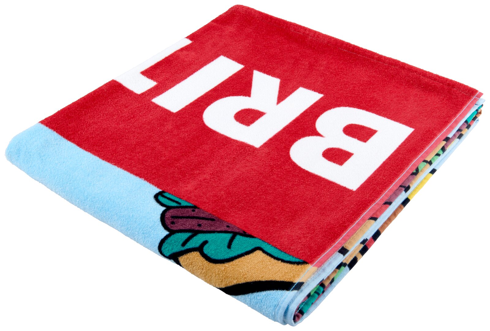 Een opgevouwen Britto-veloursdoek met een rood en kleurrijk ontwerp, met een gedeeltelijk zichtbaar hotdogmotief, gezien vanaf de zijkant.