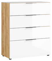 Moderne Schubkastenkommode mit vier weißen Schubladen und Holzseiten, seitliche Perspektive
