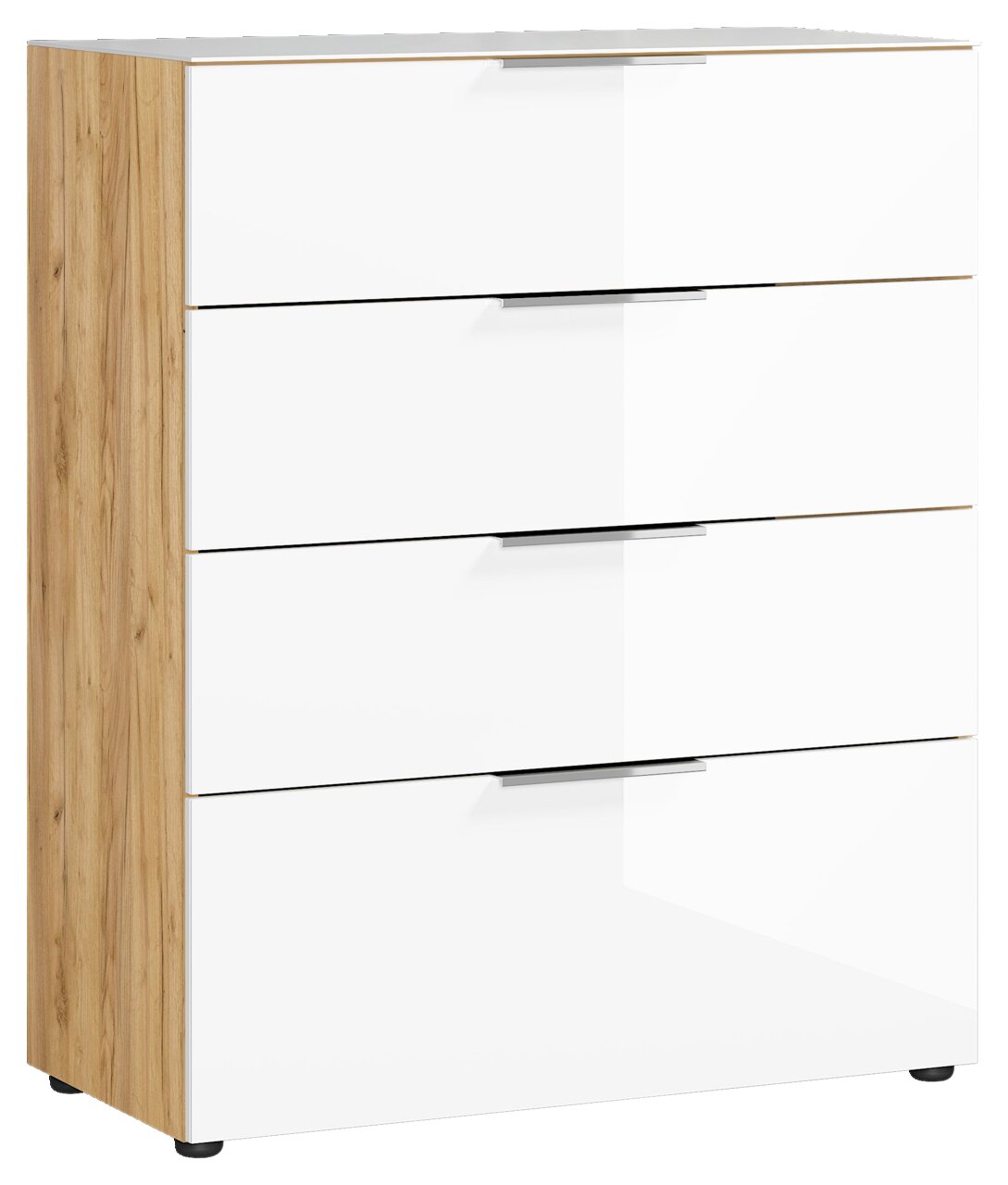 Moderne Schubkastenkommode mit vier weißen Schubladen und Holzseiten, seitliche Perspektive