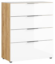 Moderne Schubkastenkommode mit vier weißen Schubladen und Holzseiten, seitliche Perspektive