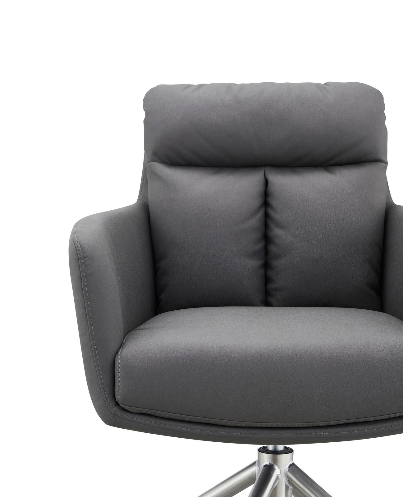 Grauer Armlehnstuhl mit gepolstertem Sitz und Rückenlehne, Vorderansicht