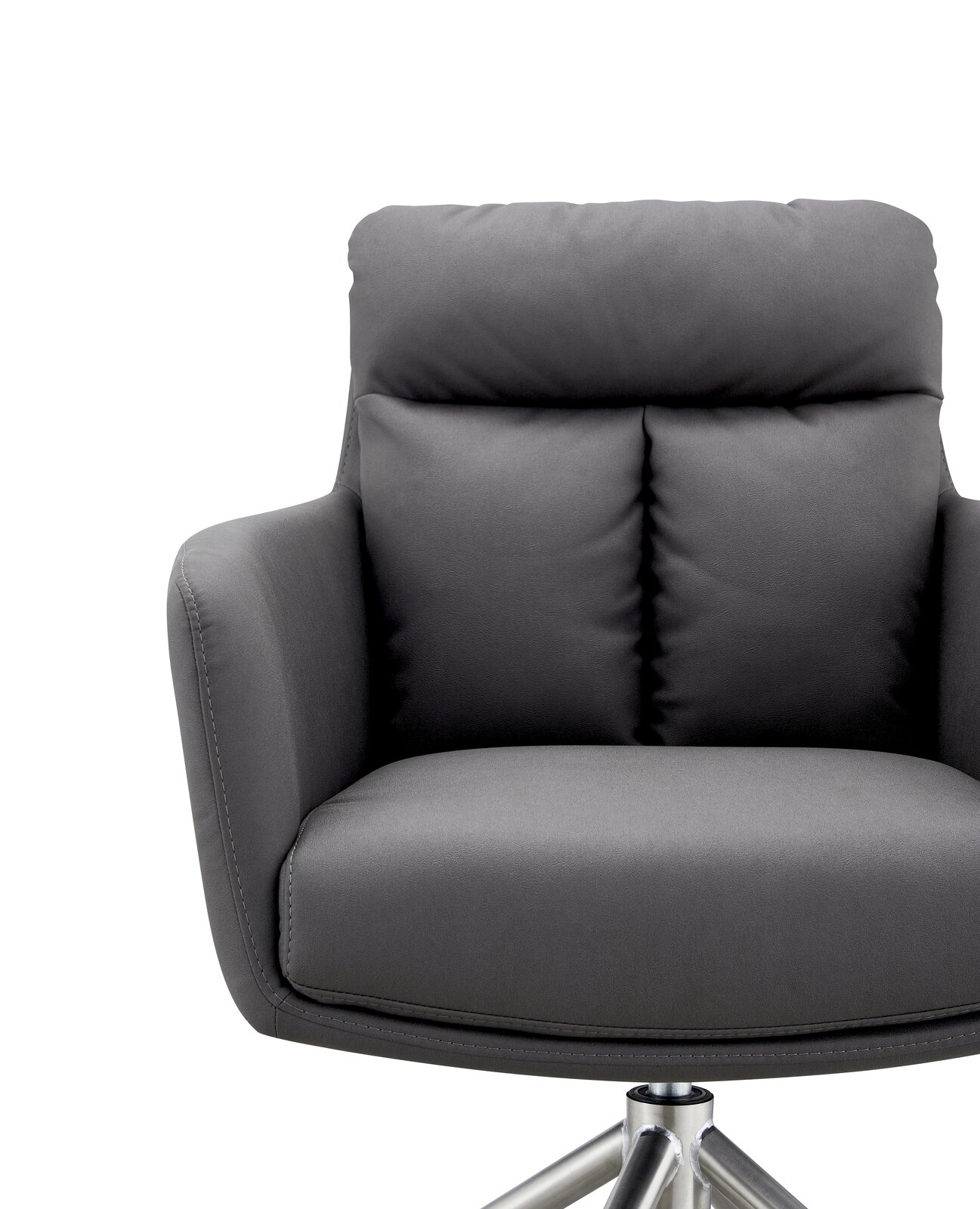 Grauer Armlehnstuhl mit gepolstertem Sitz und Rückenlehne, Vorderansicht